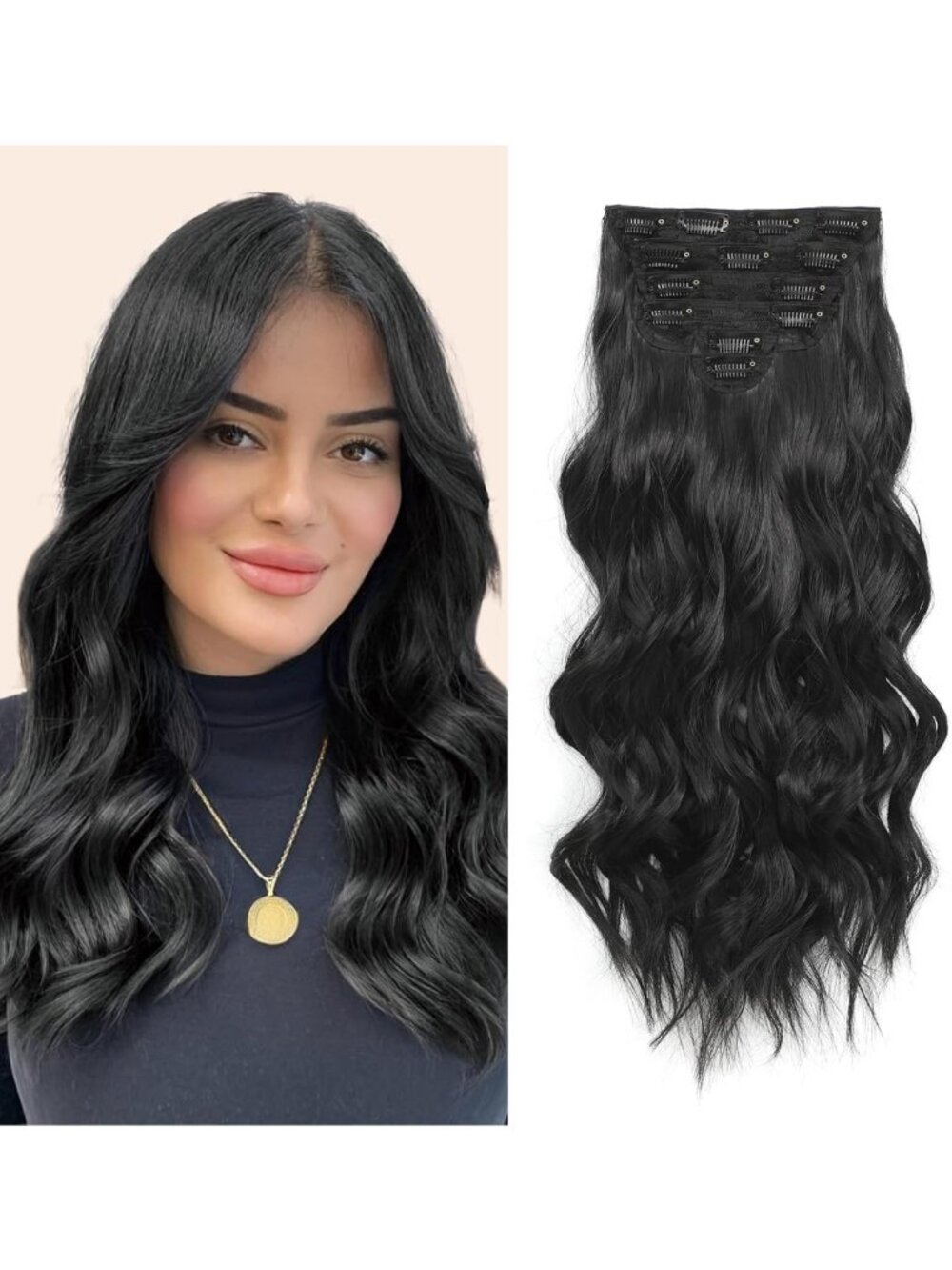 16 Inch Black Wavy Clip-In Hair Extensions - 6PCS Synthetic Hair for Volume